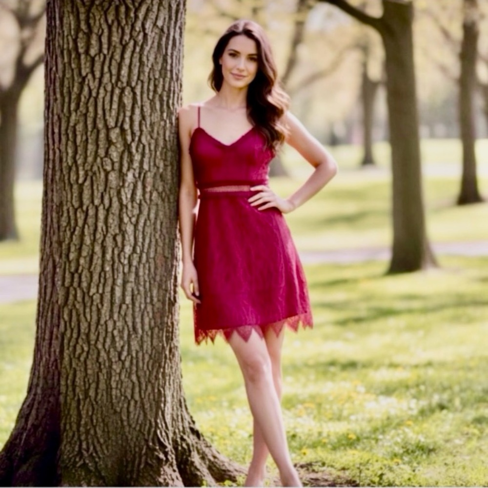 Foxiedox Gloria Rasberry Lace Mini Dress by Anthropologie